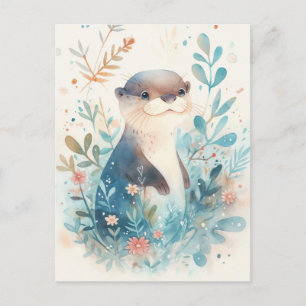 Cartão Postal Lontra de Aquarela Doce no Jardim Turquesa
