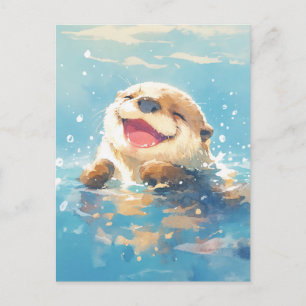 Cartão Postal Lontra de Aquarela Risonha no Mar Azul