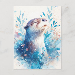 Cartão Postal Lontra em Jardim em Aquarela Azul Serena