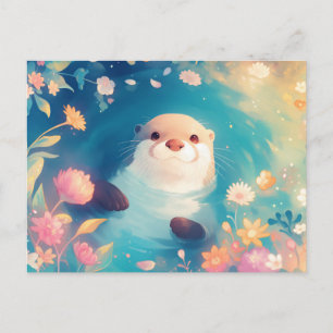 Cartão Postal Lontra Floral de Aquarela Suave do Lago