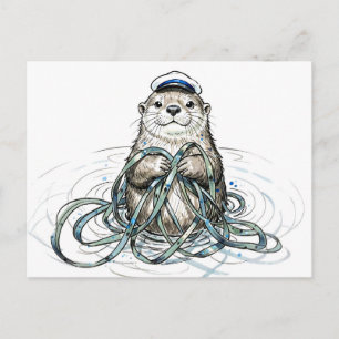 Cartão Postal Lontra Marinha Segurando Kelp em Ilustração de Tin
