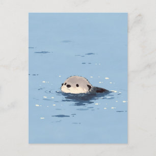 Cartão Postal Lontra Marrom Minimalista Nadando em Água Azul