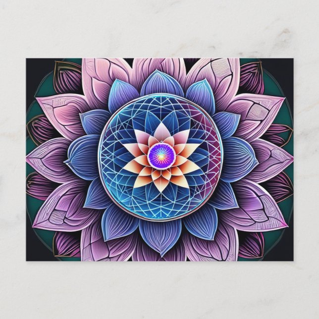 Cartão Postal Lotus Flower Sagrada Geometria Garganta Chakra Rei (Frente)