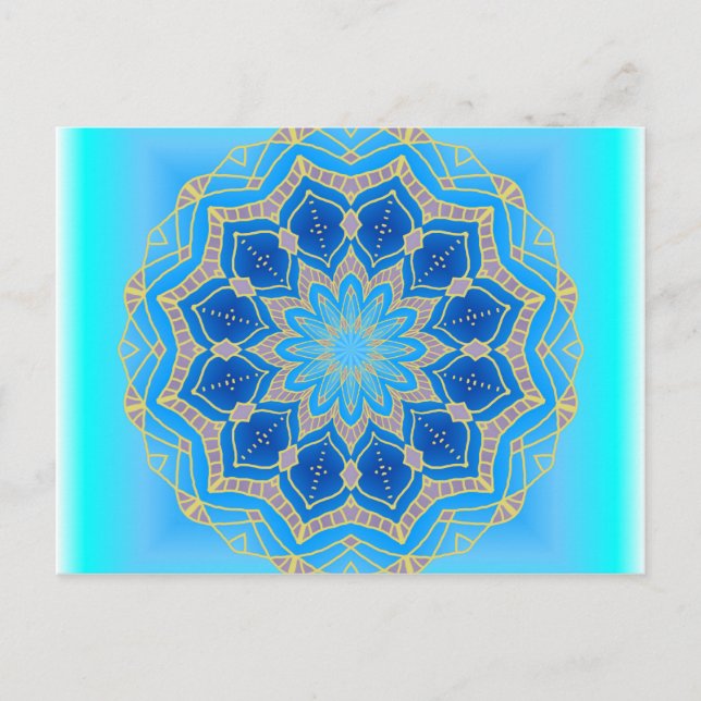 Cartão Postal Lotus mandala em turquesa e azul (Frente)