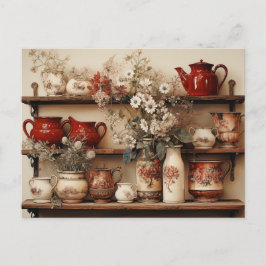 Cartão Postal Louças Vermelhas Brancas Cafeteira Creamer Açúcar 