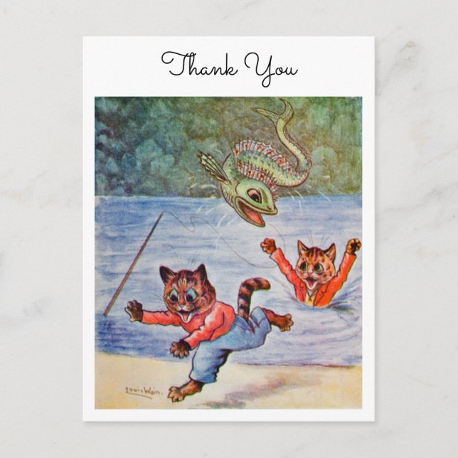 Cartão Postal Louis Wain Funny Cartoon Fishing Cats Thank You (Frente)