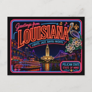 Cartão Postal Louisiana Neon Estado Retro Vintage