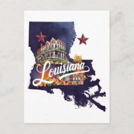 Cartão Postal Louisiana USA State Shaped Vintage Watercolor