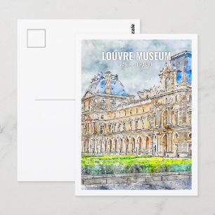 Cartão Postal Louvre Musem Paris França Viagem Watercolor