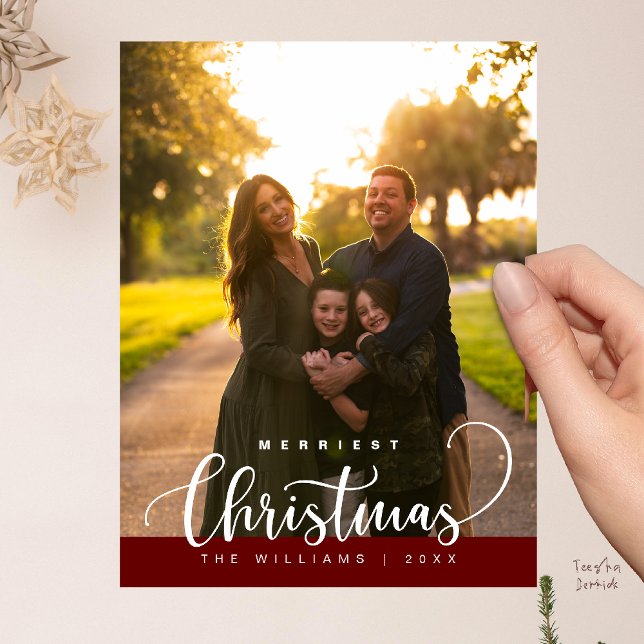 Cartão Postal Love and Joy, Merry Christmas Family Photo (Love and Joy, Merry Christmas Family Photo Modern Cute Typography Postcard in Burgundy Wine Deep Red)