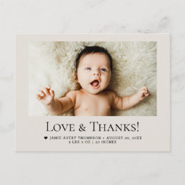 Cartão Postal Love and Thanks Baby Photo Birth Stats Soft Beige