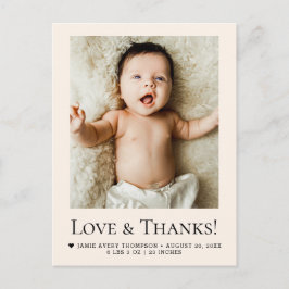 Cartão Postal Love and Thanks Beige Baby Photo Birth