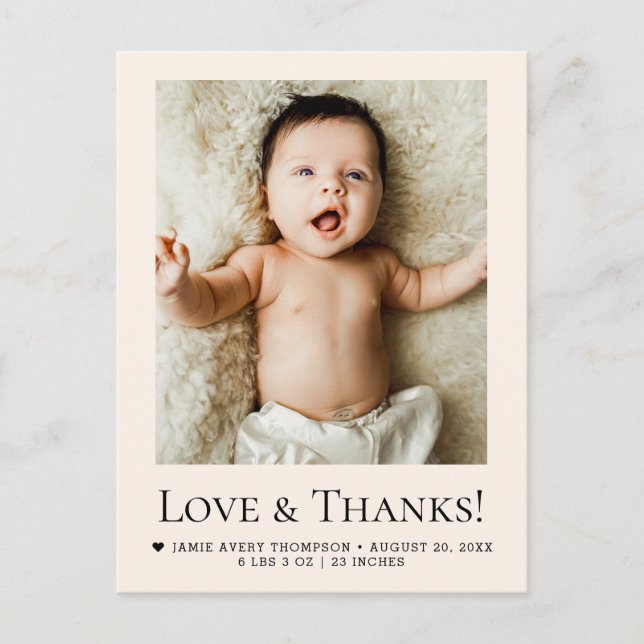 Cartão Postal Love and Thanks Beige Baby Photo Birth (Frente)