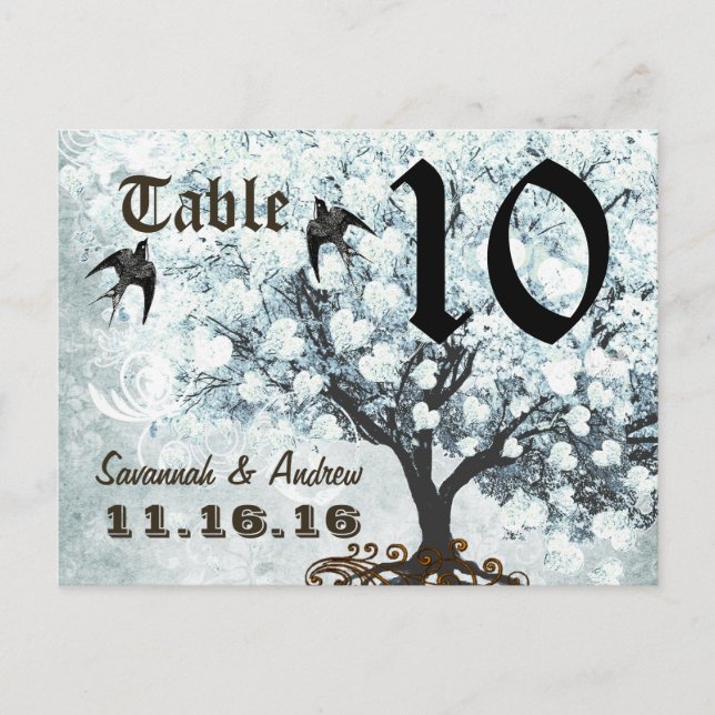 Cartão Postal Love Bird Blue Table Number Heart Leaf Tree (Frente)