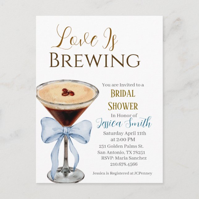 Cartão Postal Love is Brewing Blue Bridal Shower Invitation  (Frente)