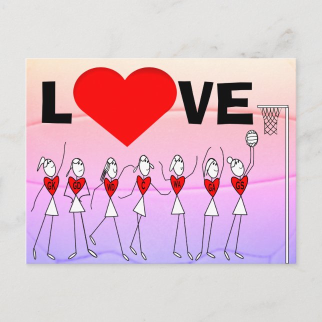 Cartão Postal Love Netball Positions Stick Figures and Heart (Frente)