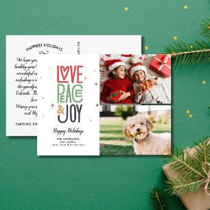 Cartão Postal Love Peace Joy Modern Typoographic 2 Photo Holiday