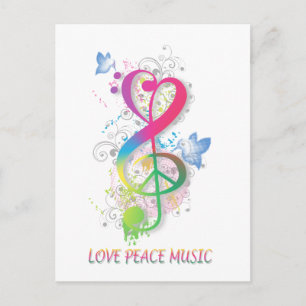 Cartão Postal Love Peace Music Splatter espirra flores aves