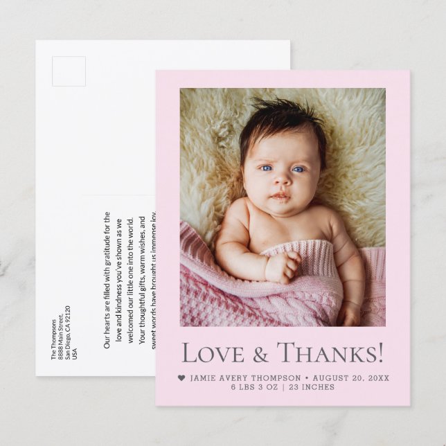 Cartão Postal Love & Thanks Blush Pink Baby Photo announcement (Frente/Verso)