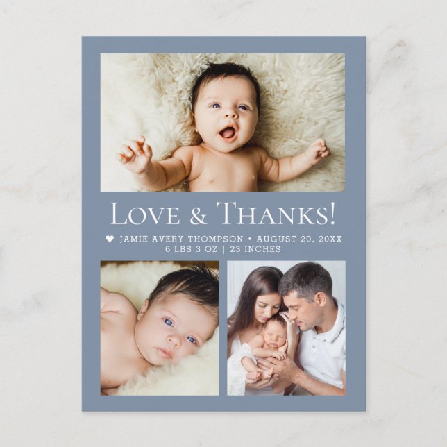 Cartão Postal Love & Thanks Dusty blue Baby Photo Collage birth (Frente)