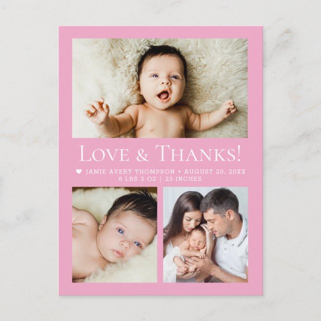 Cartão Postal Love & Thanks Pink Baby Photo Collage birth (Frente)