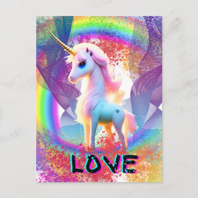 Cartão Postal Love Unicorn Rainbow (Frente)