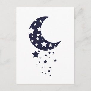 Cartão Postal Lua azul escura e silhueta de estrelas céu mágico