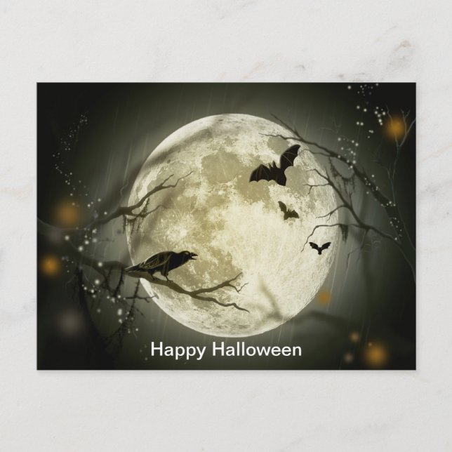 Cartão Postal Lua cheia com corvo e morcegos (Frente)