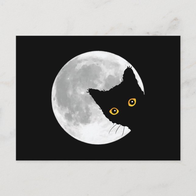 Cartão Postal Lua Cheia de Gato Preto Cinto (Frente)