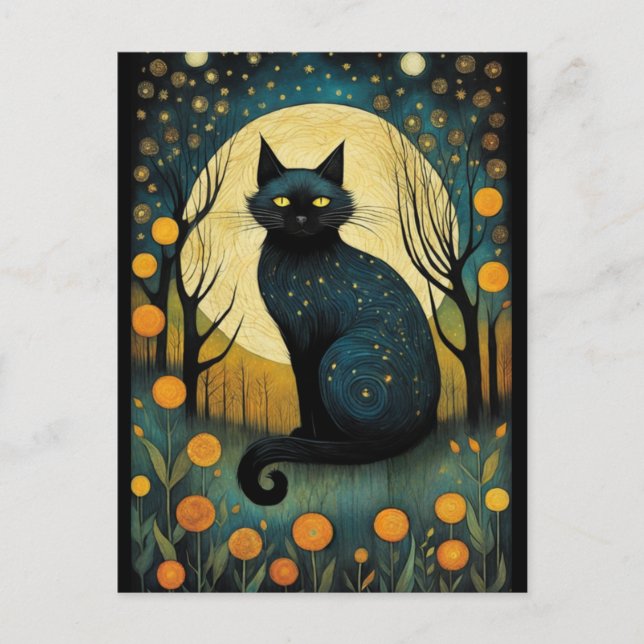 Cartão Postal Lua Cheia Floral de Gato Negro Halloween (Frente)