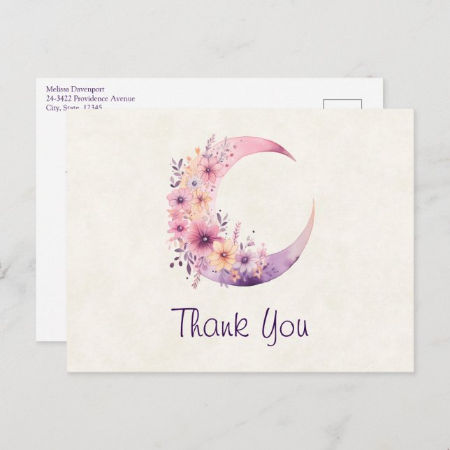 Cartão Postal Lua Crescente Rosa com Flores Bonitas Obrigado (Frente/Verso)