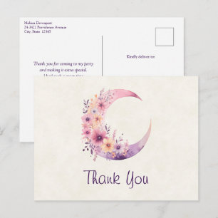 Cartão Postal Lua Crescente Rosa com Flores Bonitas Obrigado