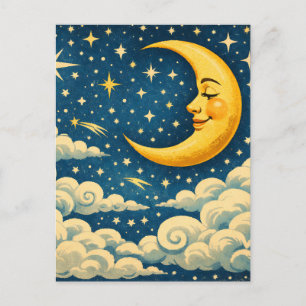 Cartão Postal Lua Crescente Vintage Céu Noturno