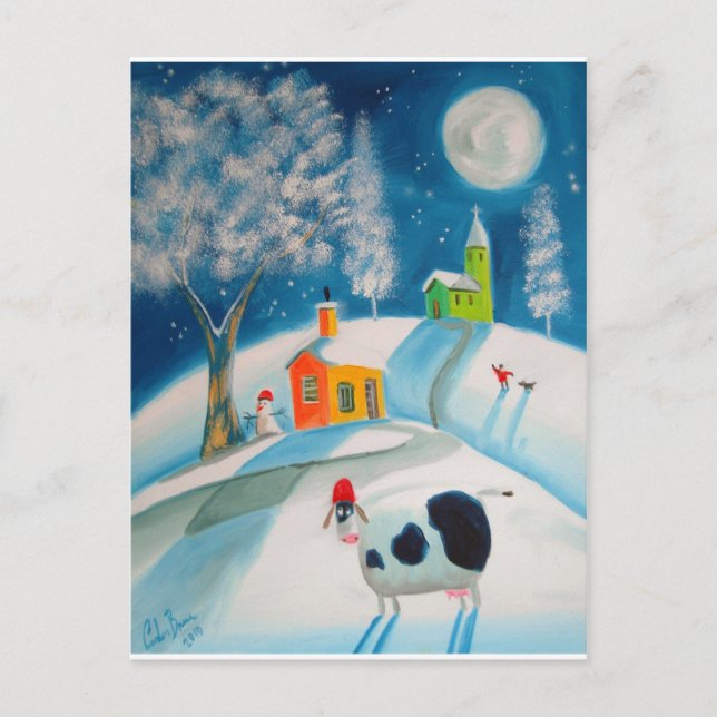CARTÃO POSTAL LUA DA VACA DA CENA DA NEVE DA ARTE POPULAR (Frente)
