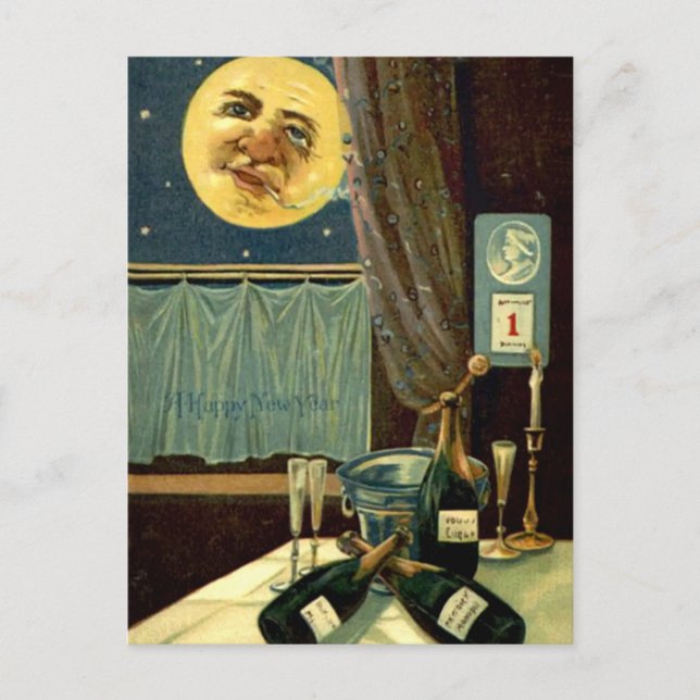Cartão Postal Lua de Ano Novo e Sonolento Após a Festa (Frente)
