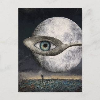Cartão Postal Lua e Colher Surrealistas com Colagem de Olho