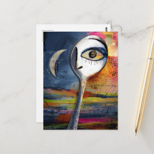 Cartão Postal Lua e Colher Surrealistas com Colagem de Rosto
