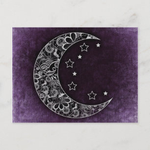 Cartão Postal Lua e estrelas do Crescente Floral ouro em Roxo