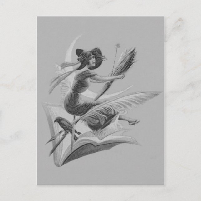 Cartão Postal Lua monocromática do crescente do corvo da bruxa (Frente)