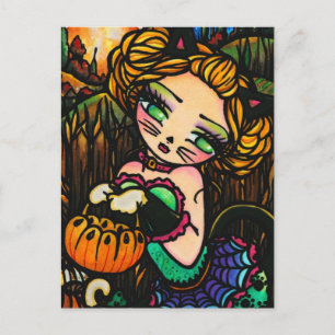 Cartão Postal Lua Noite de Halloween Kitty Cat Girl Fantasy Art