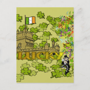 Cartão Postal Lucky Leprechaun e seu Castelo Irlandês