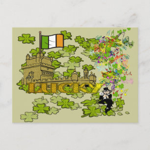 Cartão Postal Lucky Leprechaun e seu Castelo Irlandês