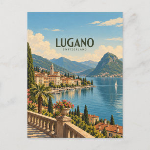 Cartão Postal Lugano Suíça Arte de Viagem Vintage