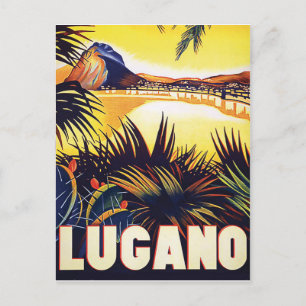 Cartão Postal Lugano, Suiça, vista na costa, vintage