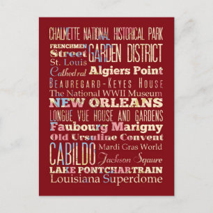 Cartão Postal Lugares famosos de Nova Orleans, Louisiana.