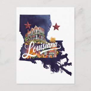 Cartão Postal Luisiana EUA Estado Formato Aquarela Vintage