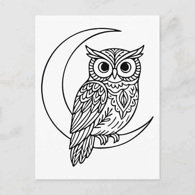 Cartão Postal Luna Owl Line Art com Moon Crescente (Frente)