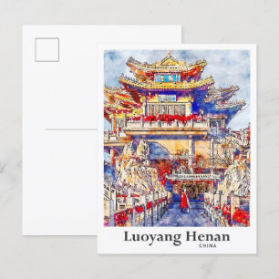 Cartão Postal Luoyang Henan China Viagem Watercolor - Desenhado