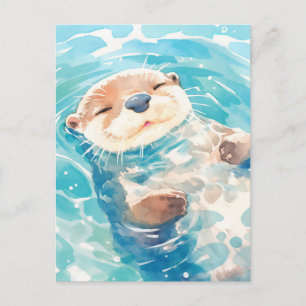 Cartão Postal Lutra Adorável em Aquarela Flutuando na Água Azul