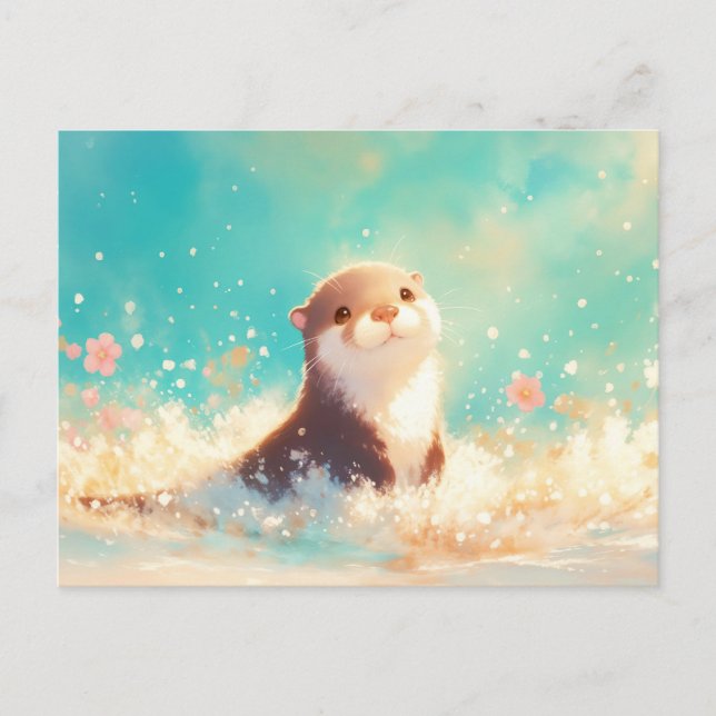 Cartão Postal Lutra Feliz Brincando no Mar Turquesa (Frente)